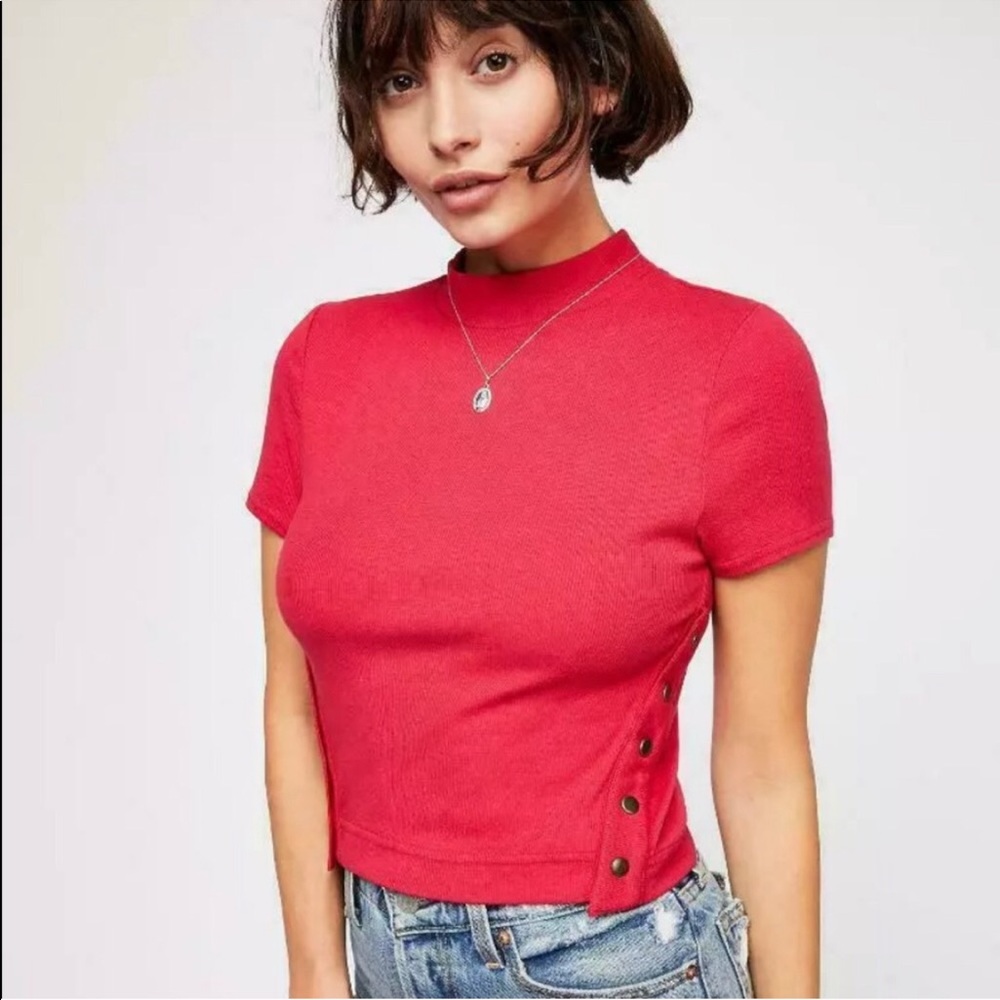 Free People Side Button Ribbed Cherry Crop Top